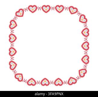 Pink scalloped lace rectangle with gold crowns, blue jewels plus red bows creates princess border ornament isolated on white background for wedding invitations or romantic photo frames. Stock Vector