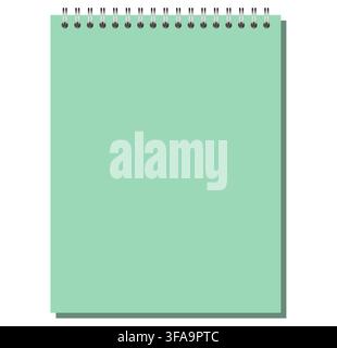 Green Letter portrait spiral page has black top coils, blank rectangular sheet, clean surface, and gray offset shadow. Useful for writing, study planning, desk organization, or digital stationery Stock Vector