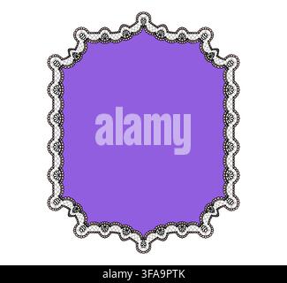 Ivory lattice flower lace with black picot scallops wraps purple ornate slab frame on clean ground as Victorian crochet. trim ornament isolated for wedding invitation cards or romantic craft layouts. Stock Vector