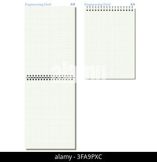 Pale Green engineering grid notebook page shows fine squared ruling, black wire binding, and varied formats on light gray background. Suitable for schoolwork, planning, stationery layouts, notes and Stock Vector