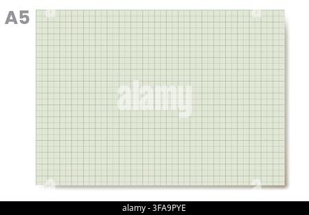 A5 landscape green millimeter graph sheet with hierarchical squares, corner size label and soft drop shadow on white. Ideal for printable compact drafting, planner inserts, school math notes or pages Stock Vector