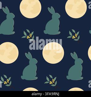 Jade Rabbit with Full moon and Osmanthus twigs Seamless Pattern Mid Autumn Festival Flat Background. Isolated Vector illustration Mid Autumn Greenting or Packaging design, wrapping, wallpaper, print Stock Vector