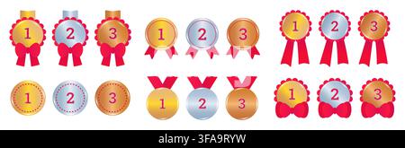 Gold, silver and bronze medals, big vector set, gradient shiny reward templates with red ribbons and bows. Winners 1, 2 and 3 places. Award and trophy Stock Vector