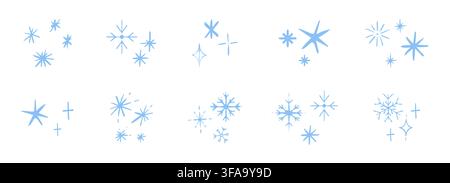 Snowflake cute pencil drawing doodle. Textured simple hand drawn crayon asterisk and snow crystals. Kids style childlike set elements. Scrapbook stickers, design elements. . Vector illustration Stock Vector