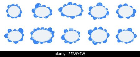 Cloud frame, fluffy border crayon doodle sticker with scallop badges. Set rounded blobs stickers. Scribble clouds pencil bubble. Kids Style, childlike drawing. Vector illustration Stock Vector