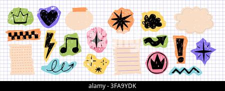Scrapbook sticker collection with doodles, hearts, stars, music notes scribbles cutout paper set. Y2K aesthetic scribble textured collage elements for scrapbook projects. Vector illustration Stock Vector