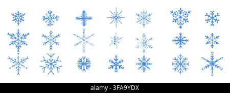 Snowflake cute pencil drawing doodle. Textured simple hand drawn crayon asterisk and snow crystals. Kids style childlike set elements. Scrapbook stickers, design elements. . Vector illustration Stock Vector