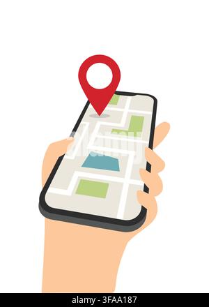 Modern illustration of a smartphone displaying a GPS map and location pin, representing navigation, travel, route planning, directions, and location s Stock Vector