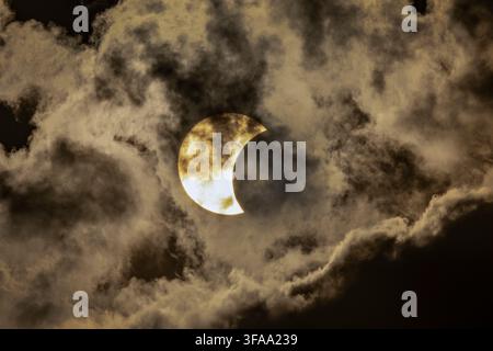 Partial solar eclipse of 12th August 2026, taken from the UK. Solar eclipses occur when the Moon passes across the Sun as seen from Earth. During this eclipse the Moon covered around 90% of the Sun's disc when viewed from the UK. Stock Photo