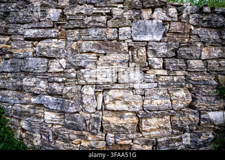Detailed frontal view of a rustic wall made from stacked irregular stones, displaying rough mineral surfaces, natural color variations and uneven maso Stock Photo