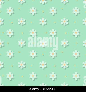 Refreshing mint green floral seamless pattern featuring soft flower blossoms and subtle shadow effect. Ideal for natural spring decor, eco-friendly pa Stock Vector