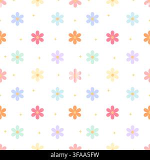 Charming pastel seamless pattern featuring colorful simple flowers and glittery stars on a white background. Perfect for baby shower, nursery wallpape Stock Vector