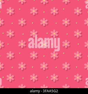 Lively vibrant pink floral seamless pattern with soft daisy blossoms and subtle shadow details. Great for playful girls fashion, birthday wrapping pap Stock Vector
