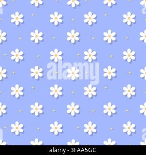 Dreamy periwinkle floral seamless pattern with white flower blossoms and delicate shadow effect. Great for serene nursery wallpaper, sweet packaging, Stock Vector