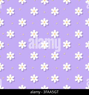 Charming lavender purple floral seamless pattern featuring soft daisy blossoms and shadow details. Ideal for aesthetic stationery, romantic gift wrapp Stock Vector