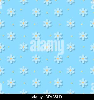 Calm blue floral seamless pattern featuring simple flower blossoms with subtle shadow effect. Perfect for baby boy nursery decor, summer fashion, gift Stock Vector