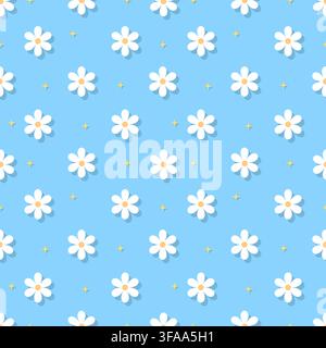 Vibrant classic sky blue floral seamless pattern featuring white daisy blossoms and subtle shadow effect. Great for summer fashion, boy apparel, cute Stock Vector