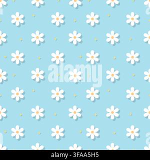 Delicate light sky blue floral seamless pattern featuring white daisy blossoms with soft shadow effect. Ideal for baby shower decor, boy nursery wallp Stock Vector