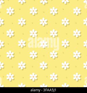 Sunny pastel yellow floral seamless pattern featuring simple white daisy flowers with subtle shadow effect. Ideal for summer fashion, cheerful kids de Stock Vector