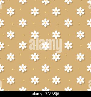 Cozy warm brown beige floral seamless pattern with soft white daisy blossoms and shadow effect. Ideal for autumn crafts, rustic wrapping paper, boho a Stock Vector