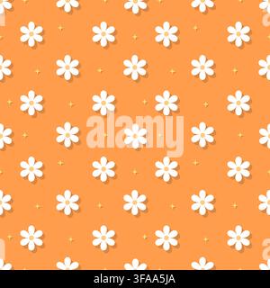 Cheerful warm peach orange floral seamless pattern with simple daisy blossoms and soft shadow details. Ideal for autumn decor, festive wrapping paper, Stock Vector