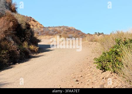Dusty trail winds through dry, sunlit hills under clear blue sky. Scattered shrubs line path with muted earth tones. No people or animals visible. Per Stock Photo