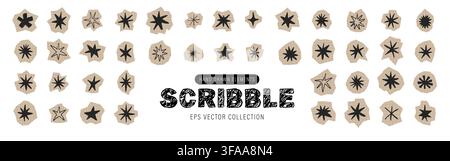 Crayon star icon set. Retro starburst and comet illustrations with glowing effects. Childish drawings for scrapbooks and festive celebrations. Grunge Stock Vector