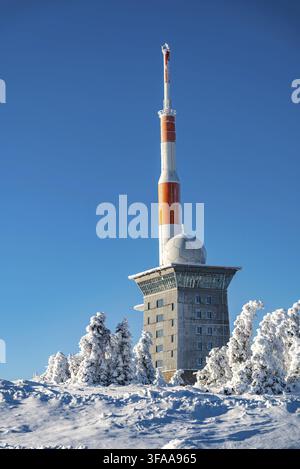 View over snow-covered spruce trees of the icy Brocken Hotel and the telecommunications tower on the summit of Mount Brocken, on a sunny winter day un Stock Photo