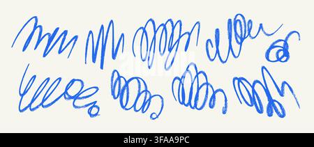 Blue brush stroke scribble set. Hand drawn blue pen scrawl doodle collection. Freehand rough pencil crayon squiggle pack. Messy charcoal sketch swirls bundle. Bold ballpoint curly marks. Vector Stock Vector