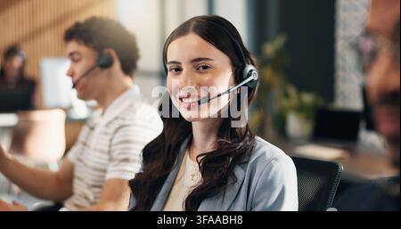 Call center, portrait and happy woman with headset, consultation or chatting with contact in office. Telemarketing, agent and person with mic Stock Photo
