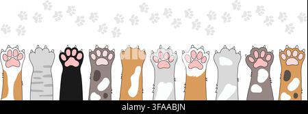Decorative cat paw pattern with fluffy animal legs standing in a cheerful row. Cute pet background perfect for wrapping paper nursery prints and Stock Vector