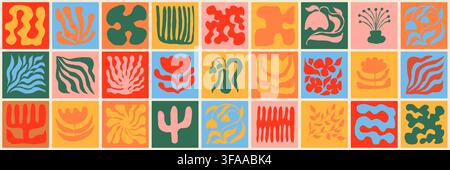 Colorful grid of organic shape illustrations with playful botanical motifs and abstract flowers. Modern decorative tiles create a bold collection for Stock Vector
