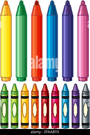 A vibrant collection of multi-colored wax crayons and markers isolated on a white background Stock Vector