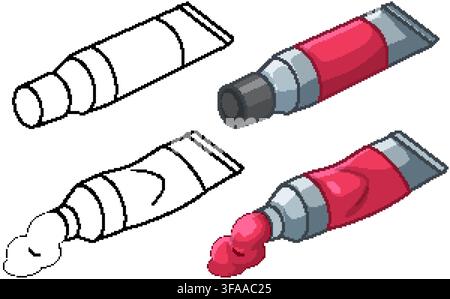 Four vector illustrations of red paint tubes including colored versions and black and white outlines Stock Vector