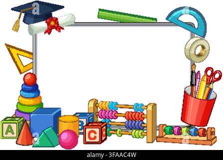 Colorful vector illustration of school supplies and preschool toys surrounding a blank white rectangular frame. Stock Vector