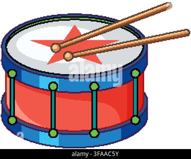 Vibrant vector illustration of a red and blue toy drum with wooden drumsticks on top Stock Vector