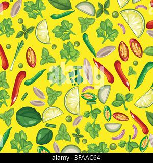 Flat vector pattern of fresh chili peppers, lime slices, and herbs on yellow background. Stock Vector