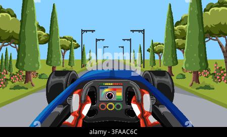 Flat vector illustration shows driver hands on steering wheel navigating a scenic outdoor track. Stock Vector