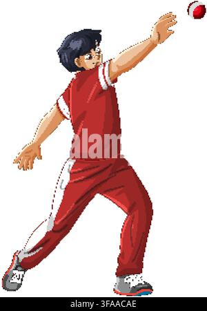 Vector illustration of a young man in red sportswear reaching to catch a cricket ball Stock Vector