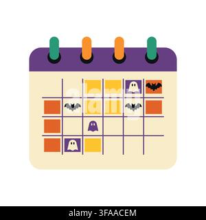 A flat vector illustration of a calendar designed for Halloween event planning, featuring spooky icons such as ghosts and bats within a colorful grid Stock Vector