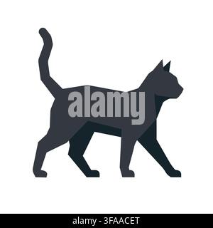A minimalist and modern vector illustration of a sleek black cat in a walking pose. The design uses geometric shapes and clean lines Stock Vector
