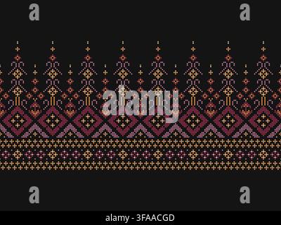 Seamless ethnic pattern with intricate pixel dots forming geometric tribal motifs on a dark background. Perfect for textile print, fabric, borders. Stock Vector