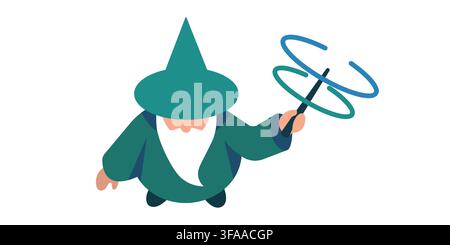 An isometric vector illustration of a classic fantasy wizard with a long white beard, wearing a teal pointed hat and robes, casting a magical spell Stock Vector