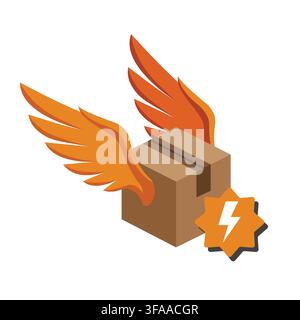 An isometric vector illustration of a brown cardboard delivery package with orange wings and a yellow star-shaped badge Stock Vector