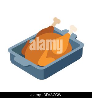 A flat isometric vector illustration of a whole roasted turkey or chicken placed in a blue rectangular roasting pan, perfect for holiday Stock Vector