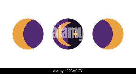 A minimalist vector illustration featuring three circular icons representing different lunar phases and a celestial star Stock Vector