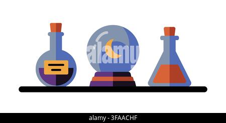 A simple flat style vector illustration featuring a shelf with various magical items, including a round potion bottle with a label Stock Vector