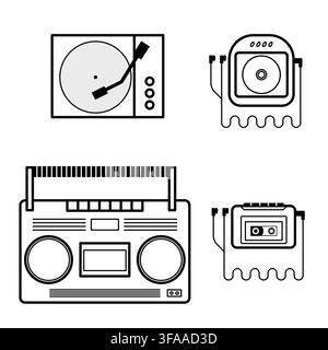 set of retro 90s audio gadget outline icon turntable CD player boombox walkman on white background. Stock Vector