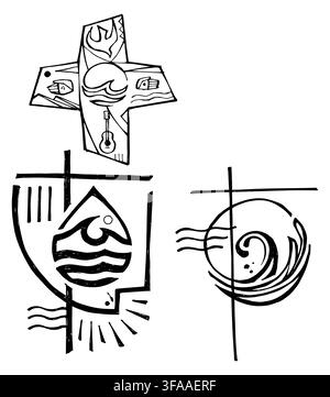 Hand-drawn black ink collection of Christian symbols combining crosses, fire, water, fish, circular forms, flowing lines, and abstract geometric eleme Stock Vector