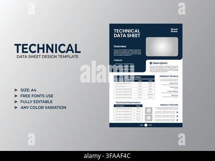 Technical Data Sheet Design Template with Navy Blue Corporate Layout Stock Vector